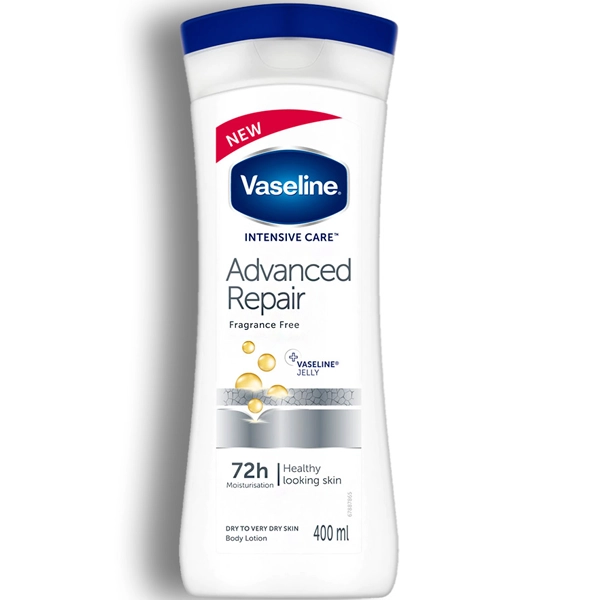 لوسیون بدن وازلین سفید اصل مناسب پوست خیلی خشک بی بو آبرسان 72 ساعته 400 میل | Vaseline Advanced Repair fragrance free for very dry skin Body Lotion moisturisation 72h 400ml